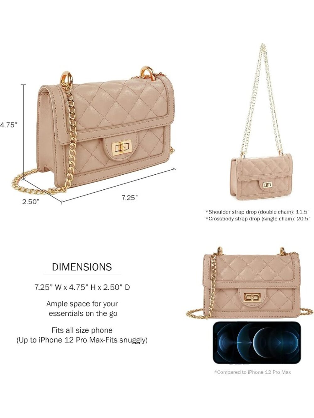👜Women's Nude Quilted Chain Crossbody Mini Shoulder Bag Phone Wallet Purse - Picture 5 of 6